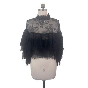 Beulah Style Crop Blouse Womens Large Black Lace Tiered Bell Sleeve Whimisigoth
